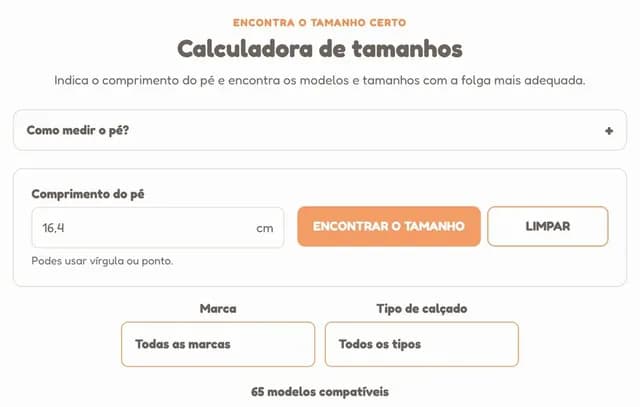 Calculadora de tamanhos da Pituka Barefoot
